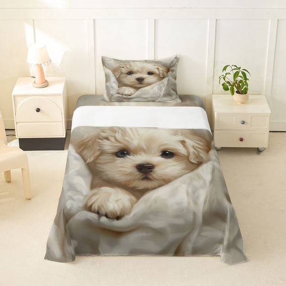 Homewish Cream Maltese Puppy Twin Sheets,Cartoon Pet Dog Bedding,White,3 Pieces,1 Fitted Sheet and 1 Pillowcase
