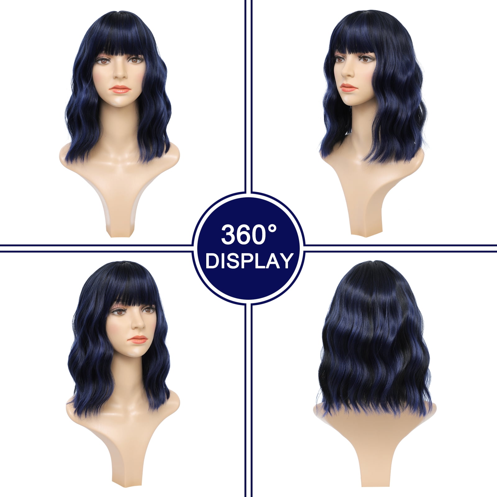 DAPRZIY Curly Bob Wig with Bangs 12 inch Short Wavy Black Mix Blue Wigs for Women Bang Wig Synthetic Wigs with Bangs
