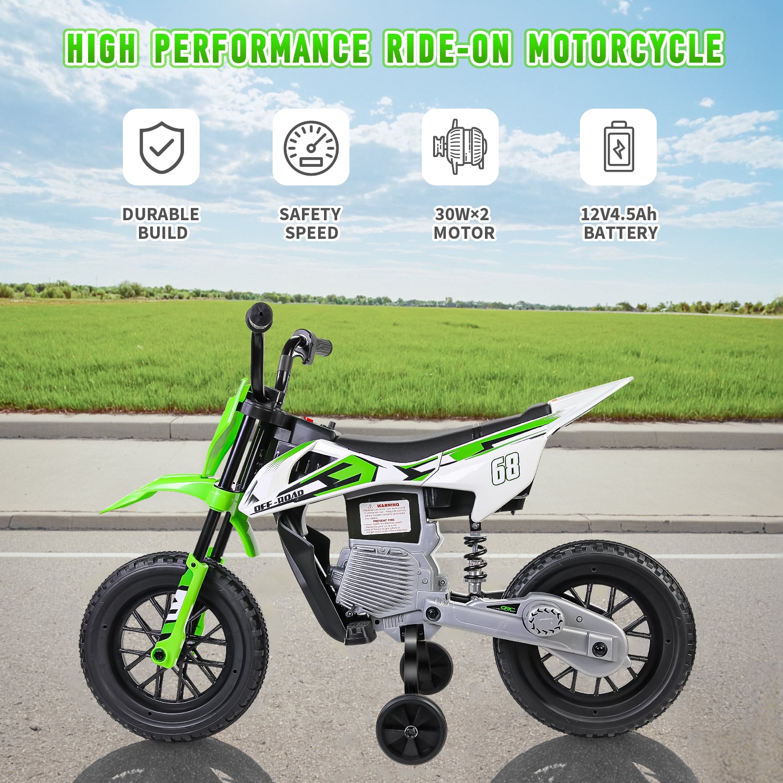 Farmdex 12V Electric Motorcycle for Kids, Electric Dirt Bike with 2 Training Wheels, Ride on Toy with Twist Grip Throttle, Built-in Music, 30W*2 Motors, Green