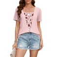 thumbnail image 2 of DeHolifer Women's Tops Crewneck Casual Printed Fake Two Piece Short Sleeve Summer Trendy Tee Tops Pink L, 2 of 7