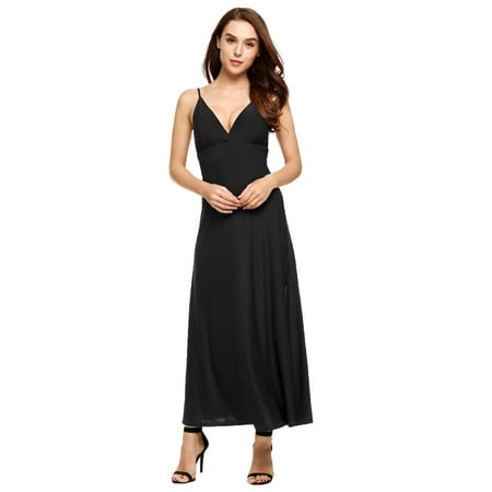 2019 Women Spaghetti Strap Sleeveless Solid Backless Long Dress