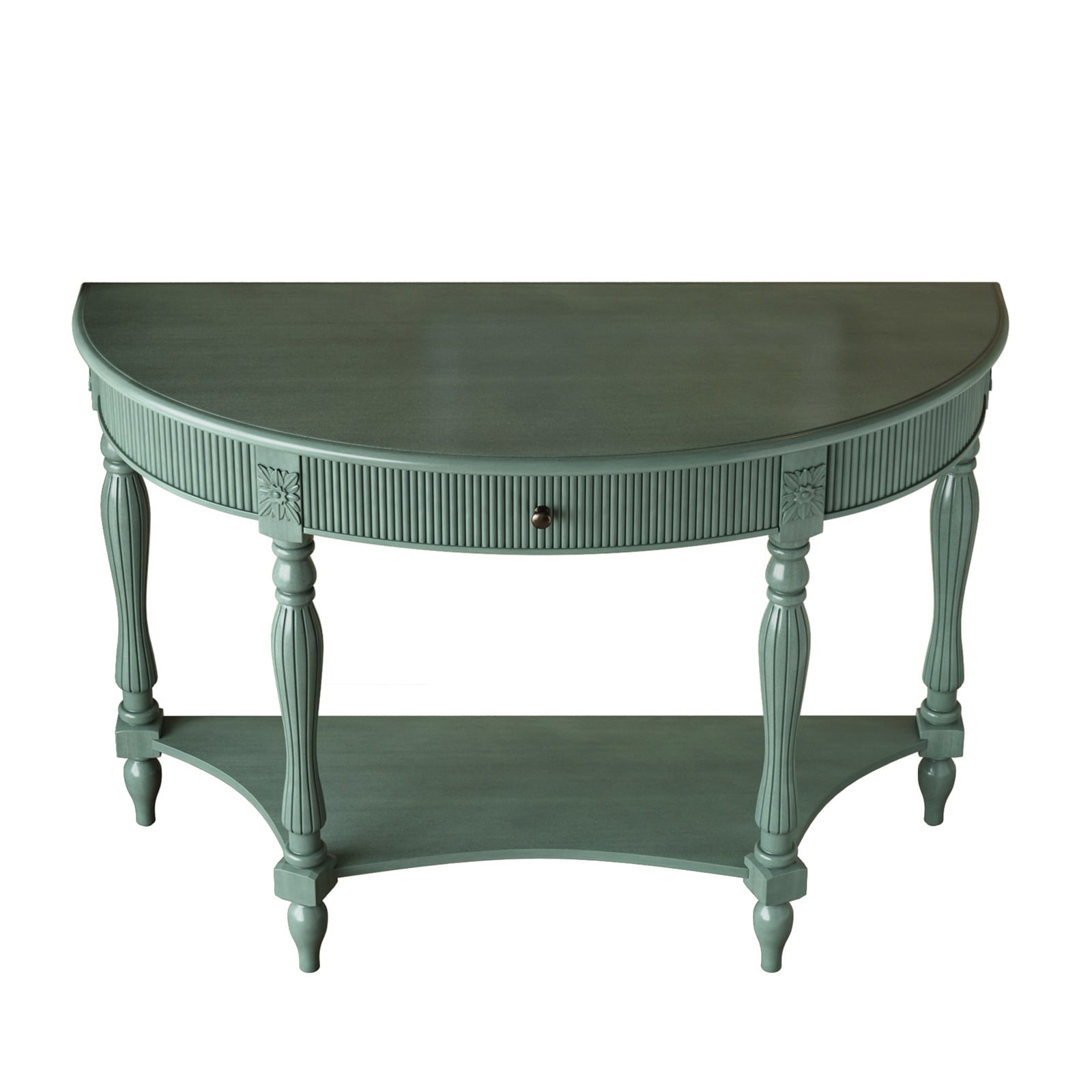 Hommoo Solid Wood Half Moon Console Table with Drawer & Open Shelf, Vintage Fluted Entryway Table for Hallway, Foyer, Living Room, Sofa Table with Roman Column Carved Legs, Rustic Green