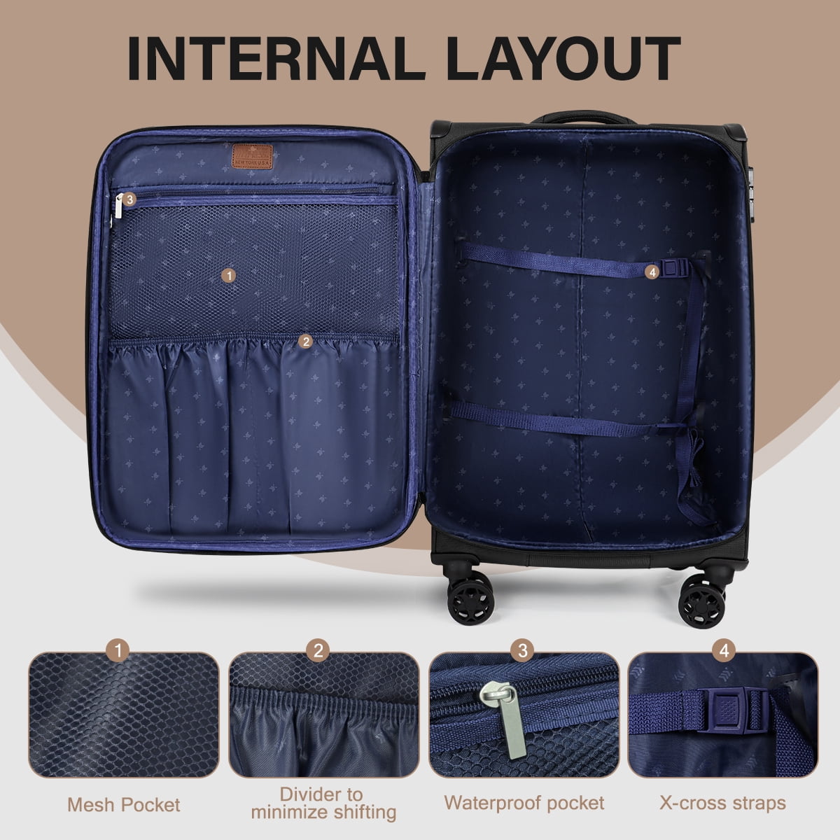 3 Piece Softside Luggage Set, Expandable Soft Shell Spinner Luggage with Front Opening, Lightweight Durable Suitcase TSA Lock Approved, 20"/26"/28", Black(XJ1097)