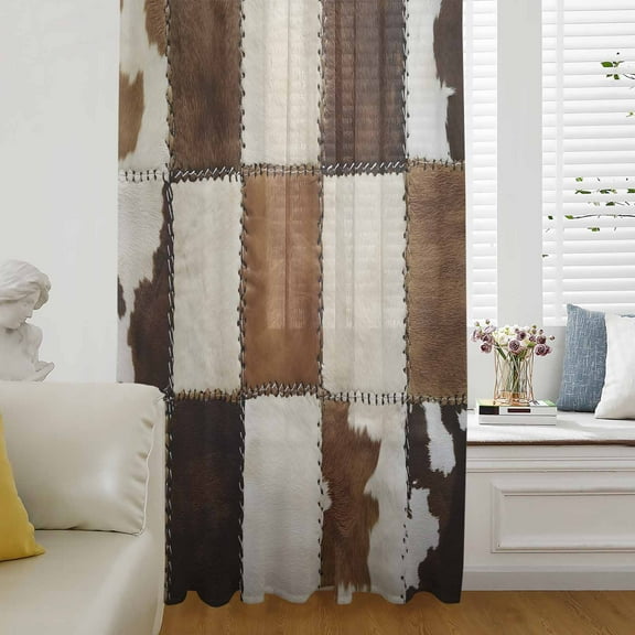 Abstract Cowhides Semi Sheer Curtains Drapes for Living Room, Bedroom, French Doors Window 96 Inches Long, Brown Beige Animal Fur Texture Rod Pocket Chiffon Curtain Drapery Voile Draperies Panel