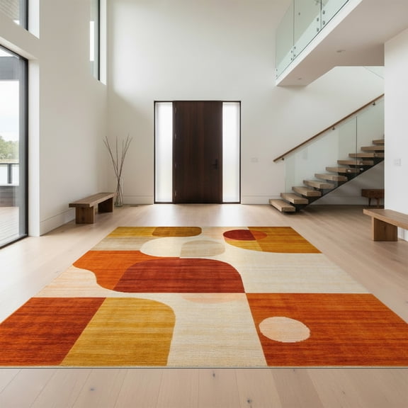 Design&I 8'x10' Washable Area Rug Snag-Free Burnt Orange Beige Terracotta Abstract Retro Geometric Mid Century Modern Design for Dining Room, Large Office, Lounge