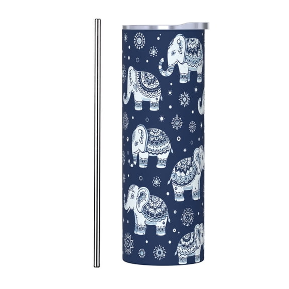 20oz Blue White Elephant Mandala Insulated Tumbler with Handle and Straw Boho Travel Cup Gift for Elephant Lovers with Stainless Steel Straw