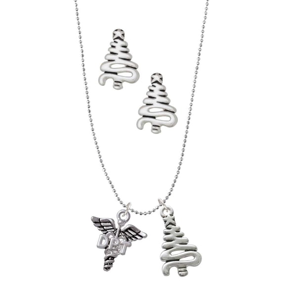 Delight Jewelry Silvertone Caduceus - DPT Silver tone Zig Zag Christmas Tree Charm Necklace and Stud Earrings