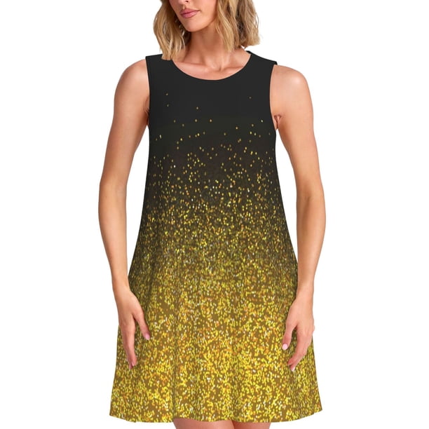 Fotbe Gold Glitter Gradient Vestido de Verano sin Mangas para Mujer – Vestido Midi Línea A, Estilo Camiseta Floral, Vestido Playero Casual y Fluido