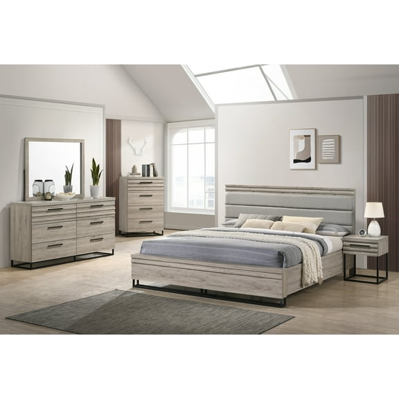 Roundhill Furniture Alvear Upholstered Wood Panel Bed, Dresser, Mirror, Nightstand, and Chest, Weathered Gray Finish, King Size