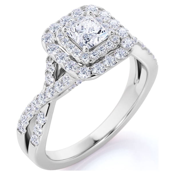 JeenMata Anillo de Compromiso de Moissanita de Corte Princesa de 1 Quilate - Conjunto Nupcial - Anillo de Doble Halo - Anillo de Racimo - Oro Blanco de 18 K sobre Plata