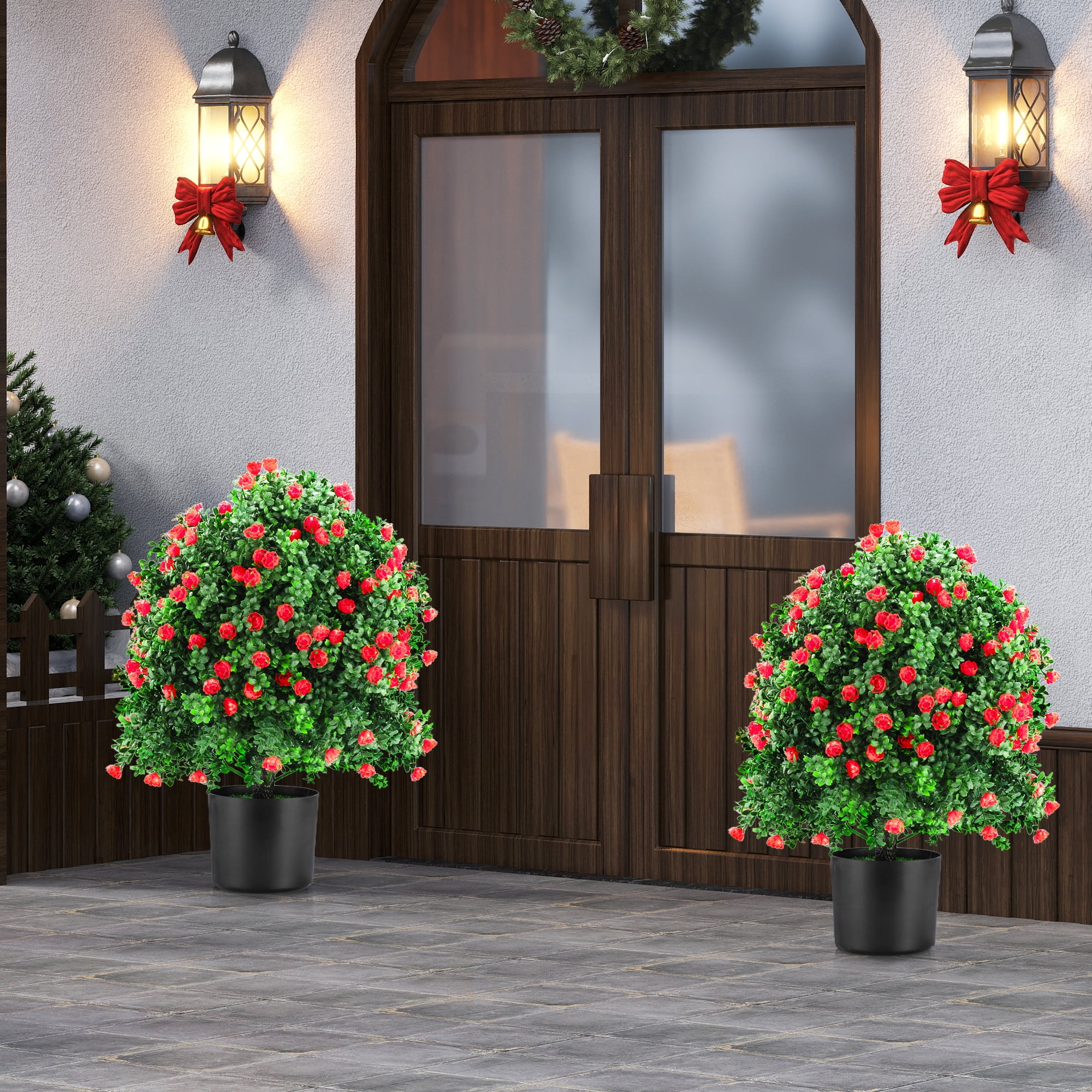 JAXSUNNY  2 Packs 22 Inch Artificial Rose Topiary Tree, UV Resistant Ball Tree Fake Tree Potted Plants for Indoor Outdoor Porch Garden Decor