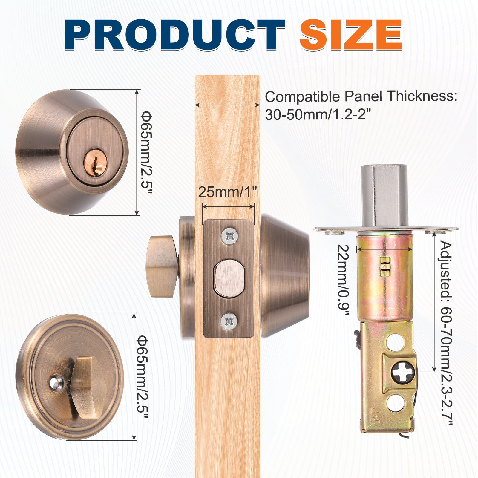 Uxcell Door Lock Set with Single Cylinder Deadbolt (2 Inch, Red) (1 Set), Round Ball Exterior and Interior Door Knobs, Suit for - Bedroom/Bathroom/Office, Keyed Alike
