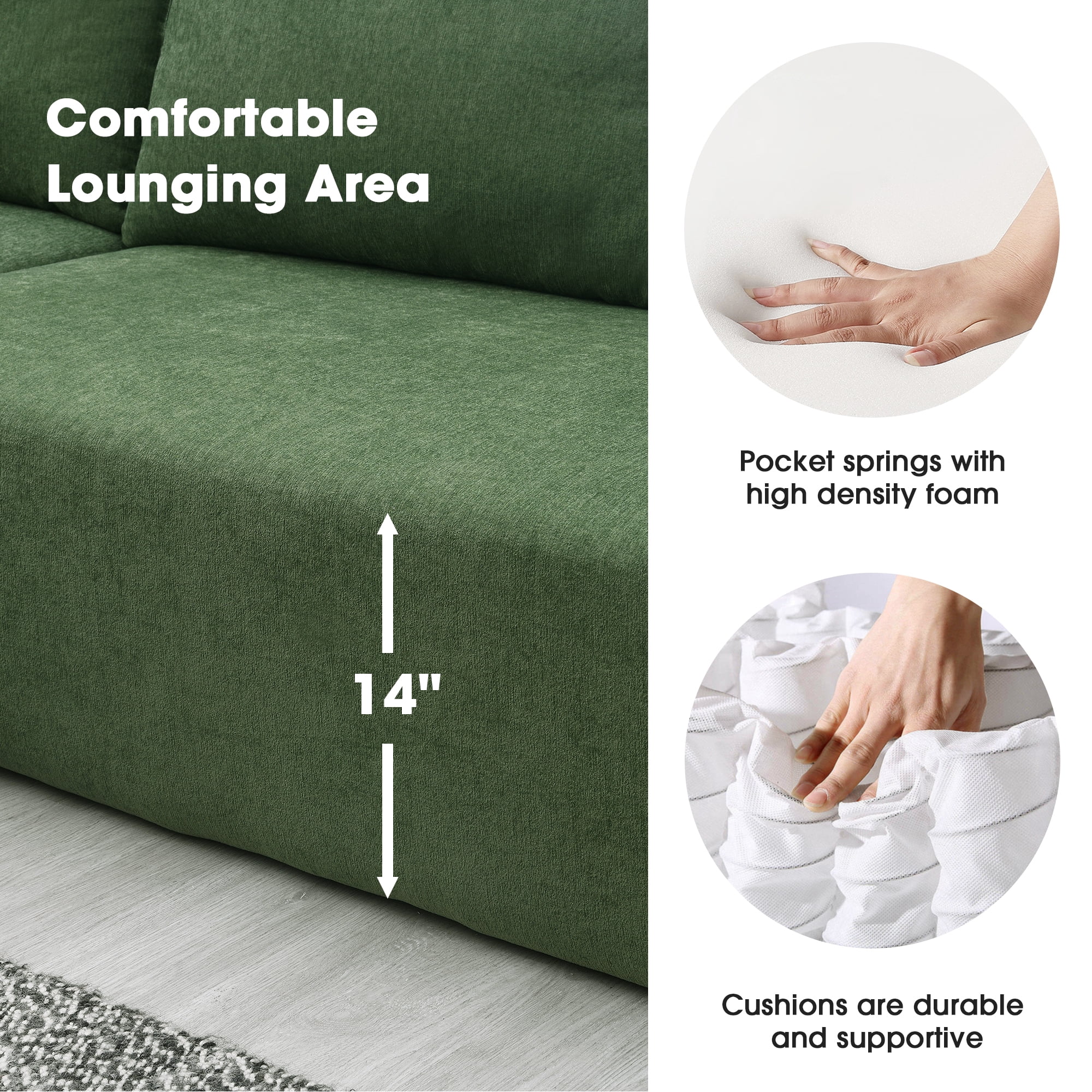 DEALTOPS Modern L-Shape Convertible Sectional Sleeper Sofa Bed Set - Upholstered Modular Sofa Couch for Living Room - Green