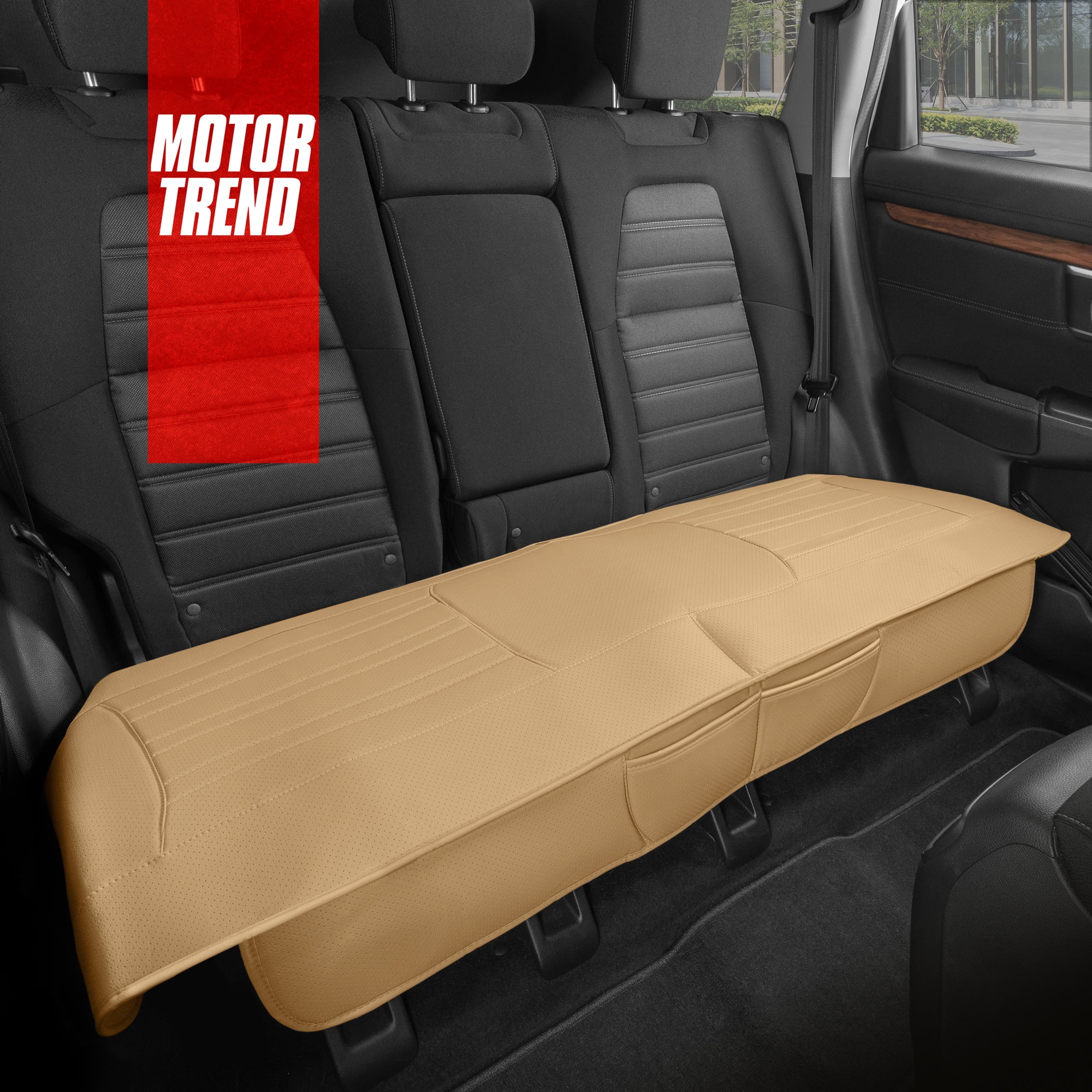 Motor Trend Faux Leather Padded Rear Bench Car Seat Cover, Storage Pockets Premium Cushion, Universal Fit Auto Interior, for Car Truck SUV Van, Beige