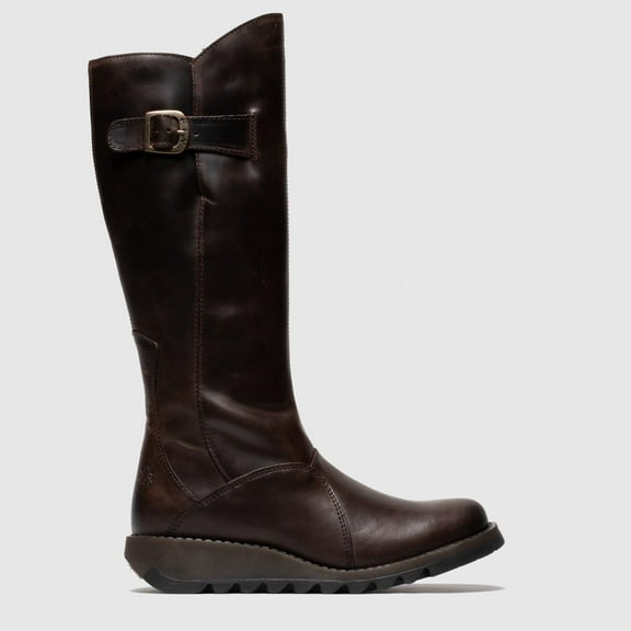 Fly London Womens Brown MOL 2 Leather Wedge Heel Knee High Zip Up Boots