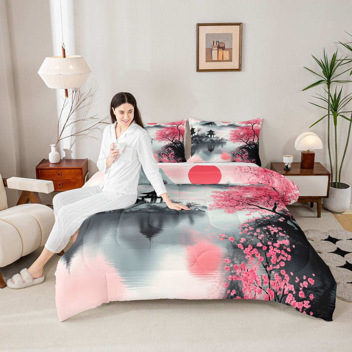 Castle Fairy Adults Oriental Cherry Blossom Twin Comforter Sets,Japanese Style Bedding Set