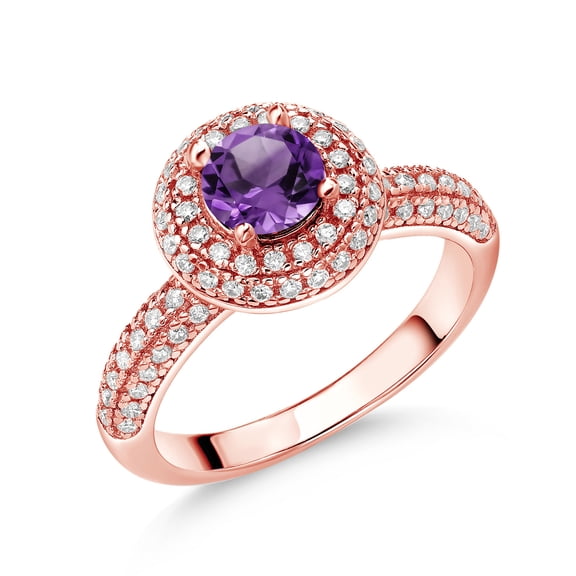 Gem Stone King 18K Rose Gold Plated Silver Ring Round Purple Amethyst and Moissanite (1.32 Cttw, Size 7)