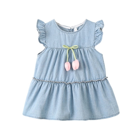 Zpanxa Girl Dress Girl's Flowy Casual Dress Graphic Print Flutter Sleeve Sleeveless Round Neck Dresses Light Blue 3 Years