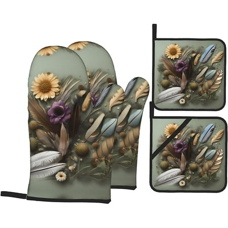 

Flower Oven Mitt and Pot Holder Set Heat Resistant Oven Mitt Grill Mitt and Pot Holder Suitable for Kitchen Cooking and Baking and Microwave Oven (4 Pieces Set).