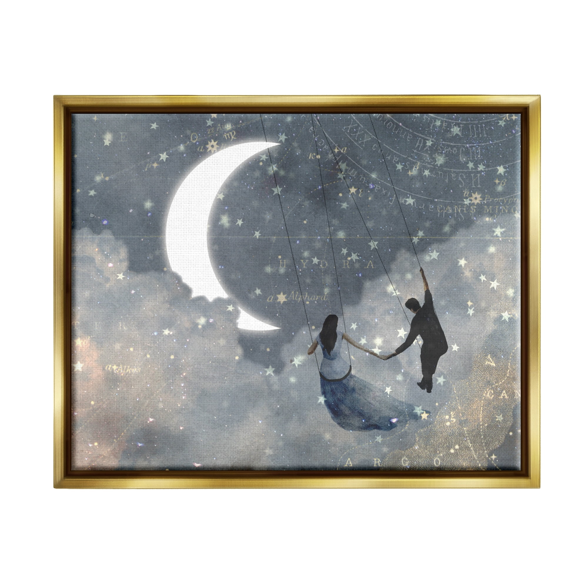 Stupell Industries Grey and Blue Celestial Love Sky Swinging by the Crescent Moon and Stars Metallic Gold Framed Floating Canvas Wall Art, 24x30, by Victoria Borges