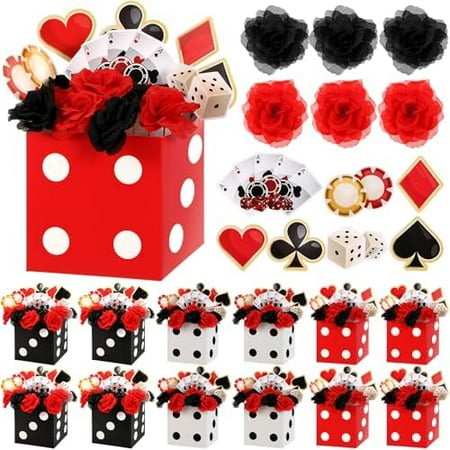 12 Sets Casino Party Decorations Poker Theme Table Centerpieces Party Toppers with Red Black Flowers Dice Box Poker Cutouts and Sticks for Casino Night Decor Birthday