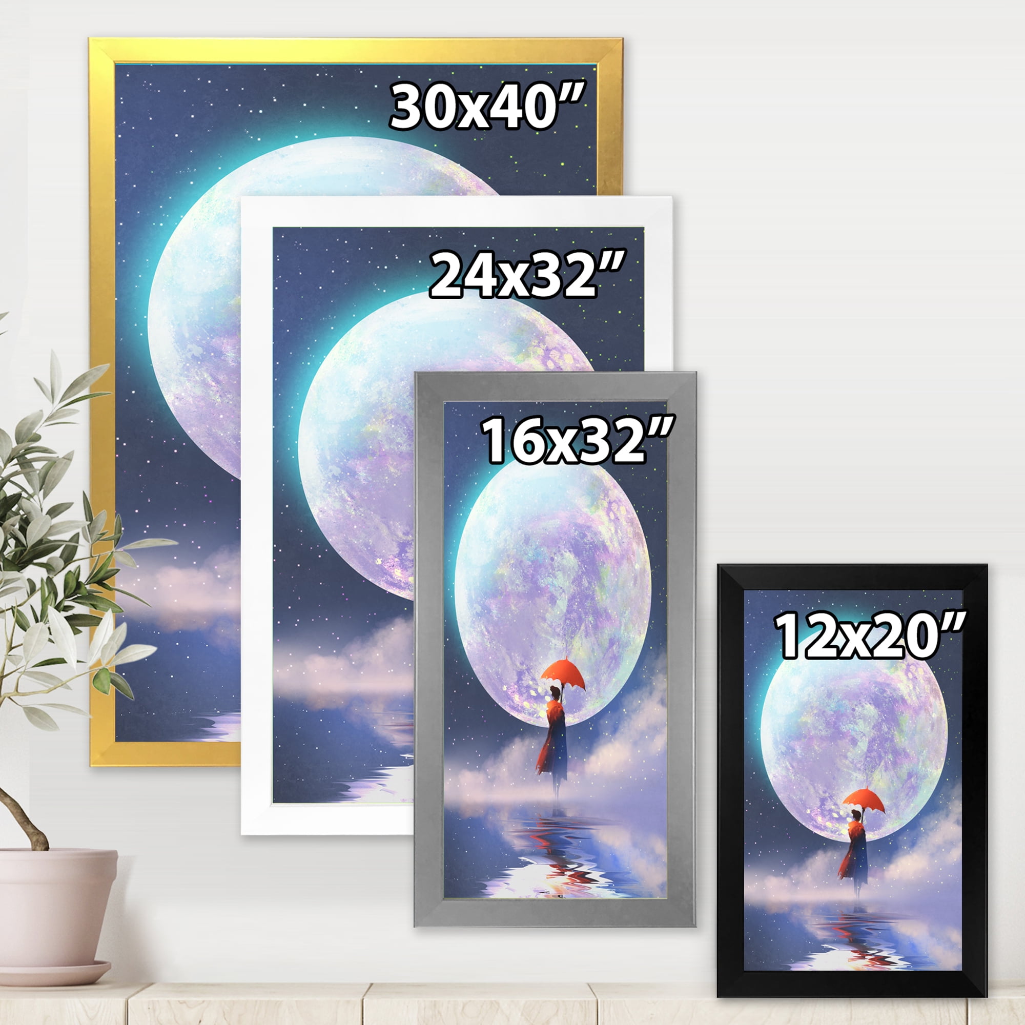 Designart 'Girl With Umbrella Standing On Water Against Moon' Traditional Framed Art Print