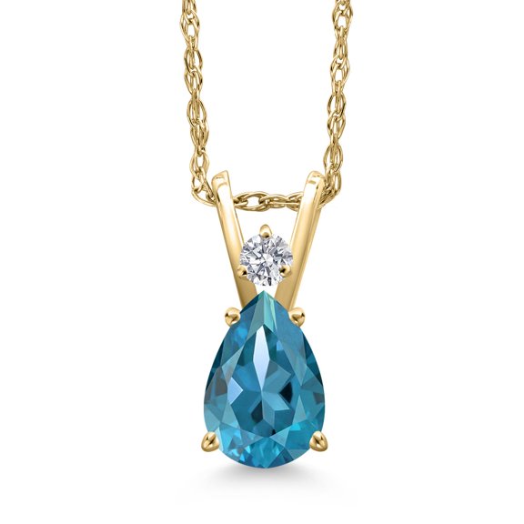 Gem Stone King 14K Yellow Gold London Blue Topaz and Lab Grown Diamond Pendant Necklace for Women | 0.79 Cttw | Gemstone November Birthstone | Pear Shape 7X5MM | With 18 inch Chain