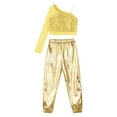 thumbnail image 3 of TiaoBug Kids Girls Sequins Hip Hop Jazz Ballet Dance Outfits One Shoulder Long Sleeve Crop Top with Metallic Pants Set Gold 10, 3 of 7
