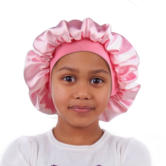 Gorro de dormir para niños, bufanda de pelo de satén, envoltura para la cabeza de noche para niñas, gorro de dormir de seda floral, rosa claro