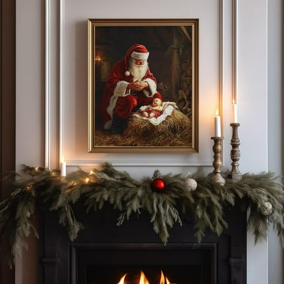 Santa And Baby Jesus Nativity Poster Christmas Wall Art Santa Kneeling Next To Baby Jesus Vintage Santa Nativity Scene Matte Vertical Poster- Wall Art Print, 8x12 UNFRAMED