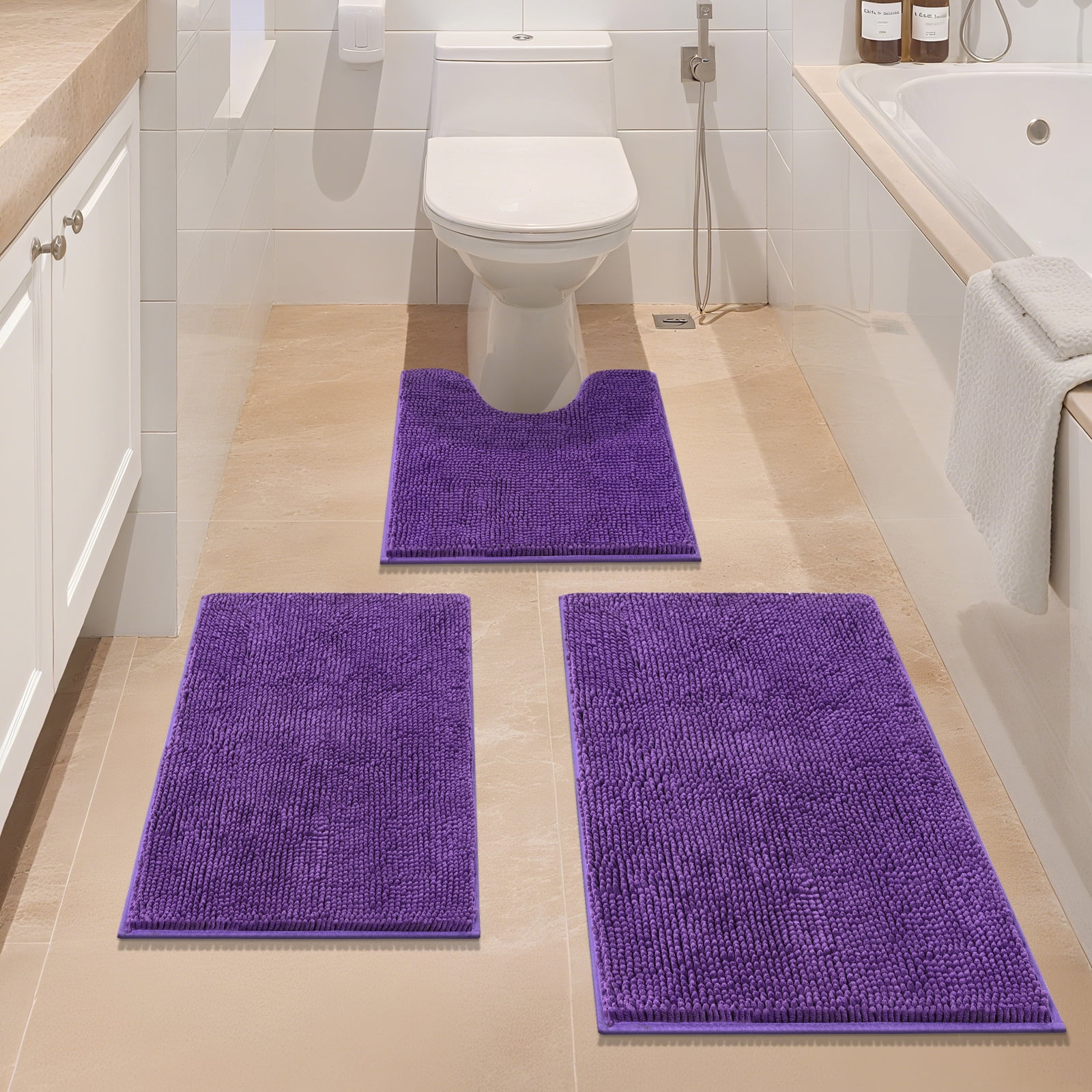 Vaukki Lavender Purple Bathroom Rug Sets 3 Piece Ultra Soft Absorbent Shaggy Bath Mat Non Slip Toilet Rug for Bathroom