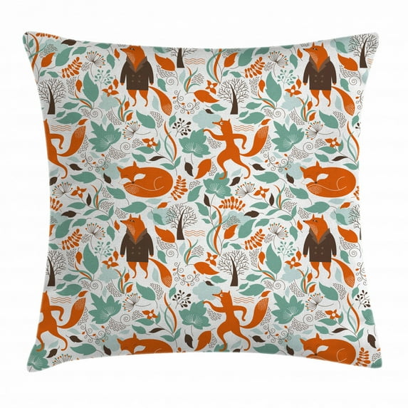 Fox Throw Pillow Cushion Cover, Funny Sleeping Fashion Fox Figures Falling Autumn Leaves Graphic Garden, Decorative Square Accent Pillow Case, 16 X 16 Inches, Turquoise Orange Brown, by Ambesonne