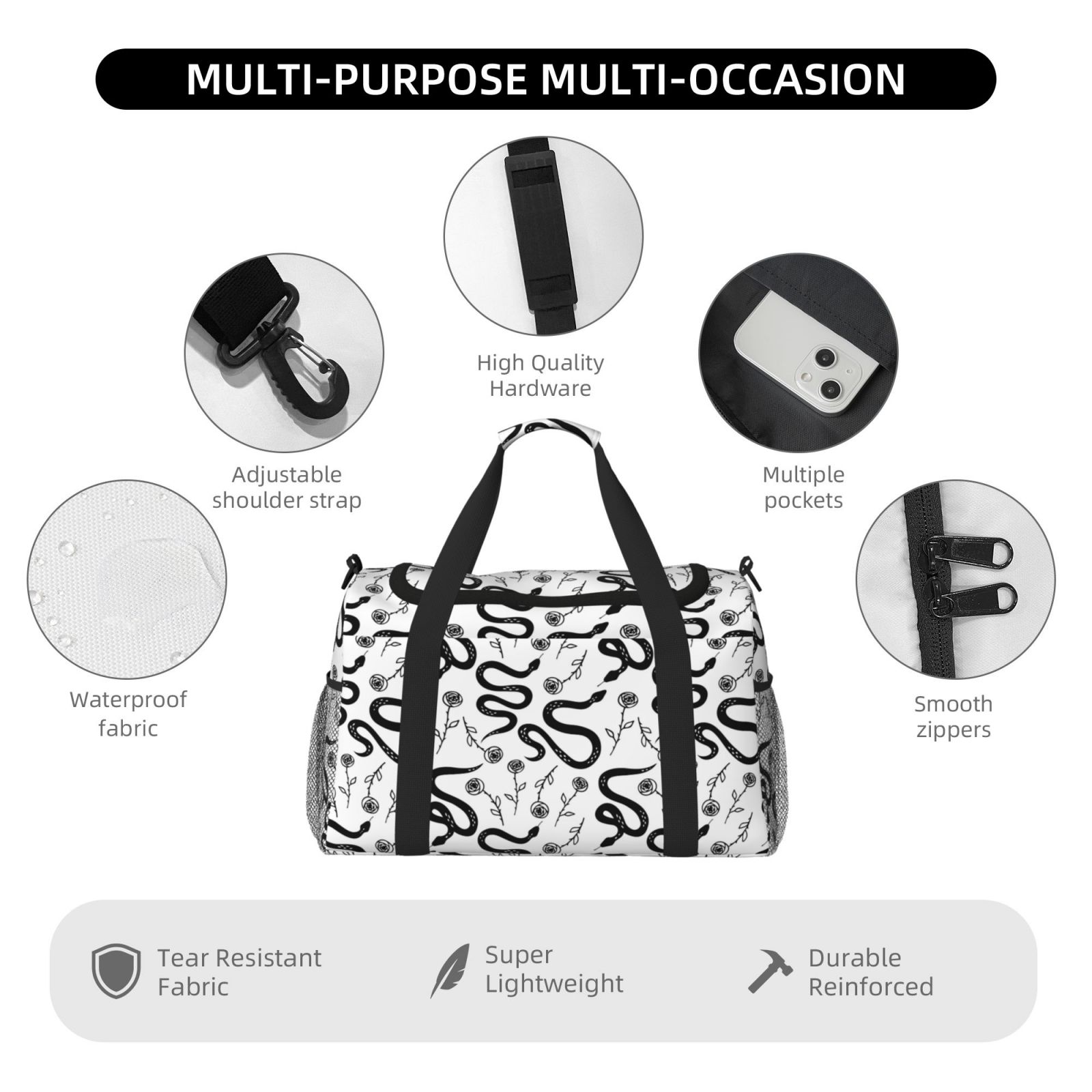 Fuzoiu Hand Drawn Snake Print Travel Duffle Bag,Carry On Tote Bags,Duffel Bag,Sport Gym Bag, Hospital Bag for Labor and Delivery, Overnight Bag,Luggage Bag