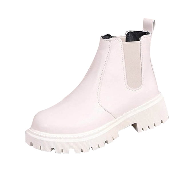 Xfvqtps Bottes de Mode pour Femmes Bottines d'Hiver à Plateforme à la Cheville Semelle Épaisse Talon Bas à Enfiler Chaussures de Rue Confortables pour Extérieur Décontracté Blanc