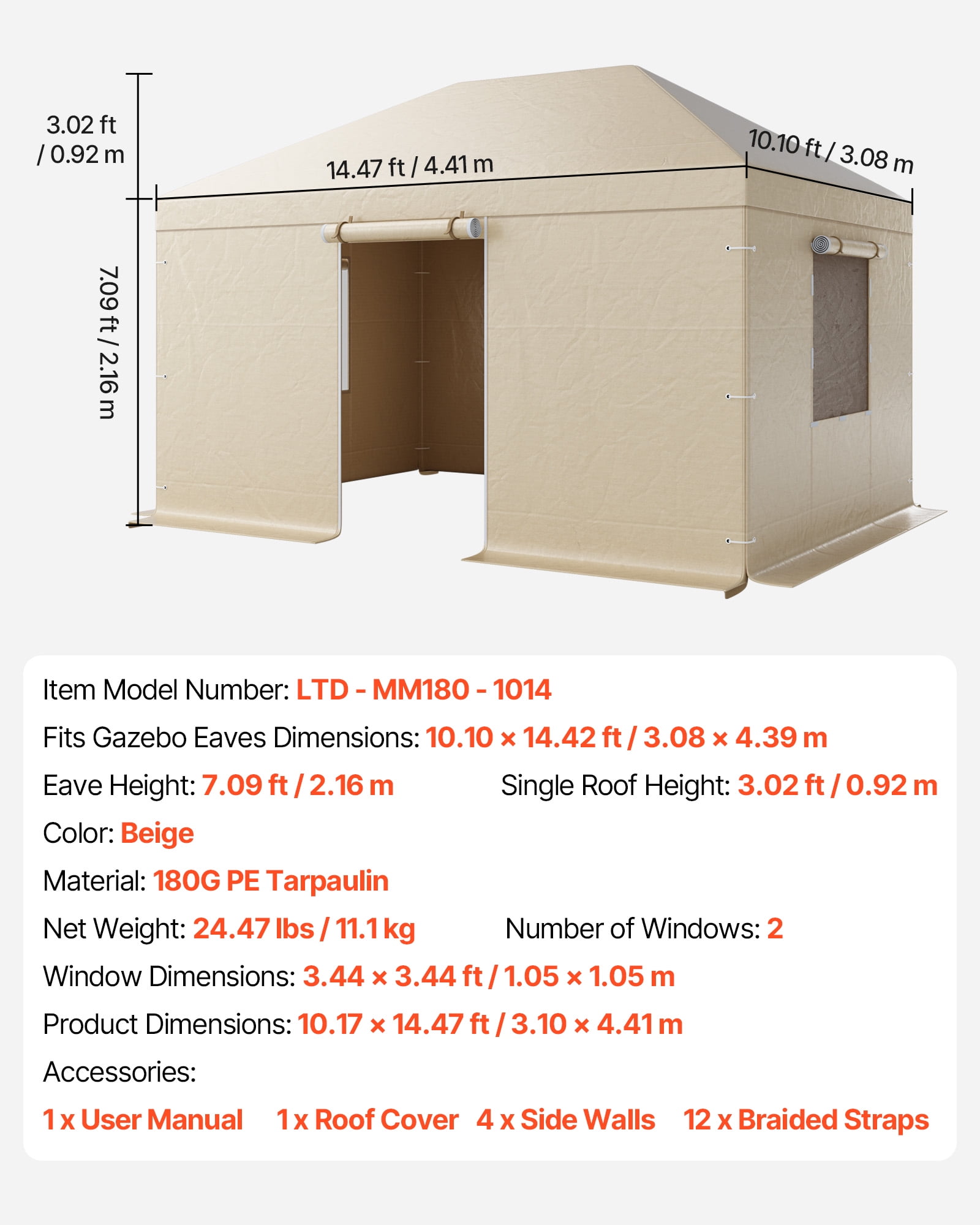 VEVOR Winter Gazebo Cover Fits 10 x 14 ft Hardtop Gazebos, All-Weather Gazebo Cover with Sidewalls & Mesh Windows, High-Density PE Material, Enclosed Storage Shelter Covers, Gazebos not Included