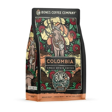 Bones Coffee Medium Roast Whole Bean Coffee | 12 oz Colombia Single-Origin Flavored Coffee