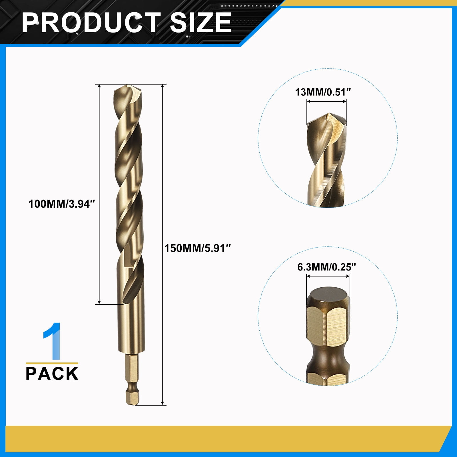 Uxcell 13mm Hex Shank Drill Bit, M2 High-Speed Steel Bits Quick Change Design for Impact Driver 135° Gold Finish for Stainless Steel Hard Metal - 2 Pack