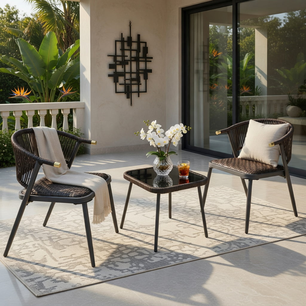 Hommoo 3-Piece Outdoor Rattan Patio Furniture Set, PE Wicker Chairs with Metal Frame & Tempered Glass Coffee Table for Backyard, Poolside, Balcony, Brown