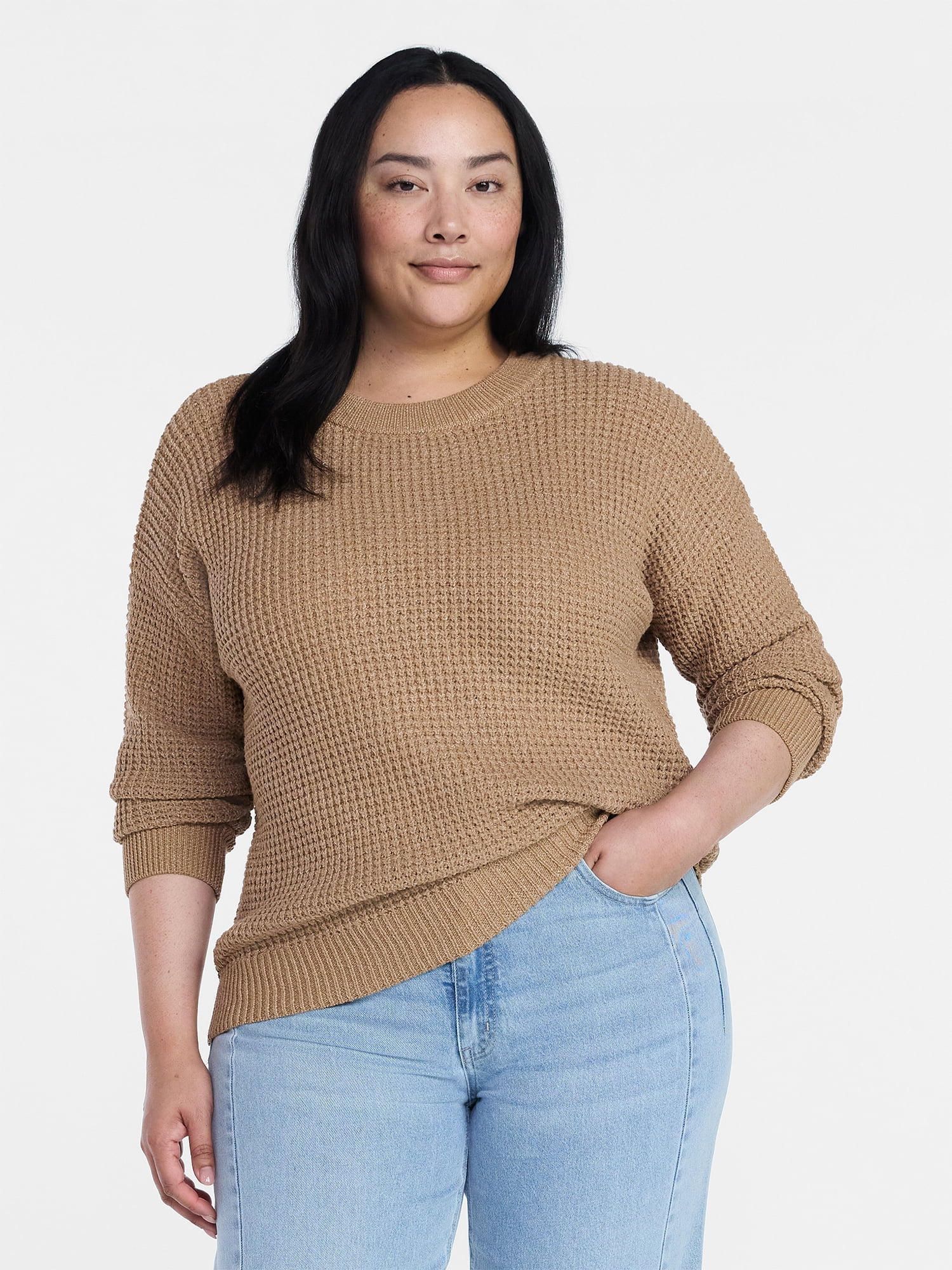 Time and Tru Women's Waffle Stitch Sweater with Long Sleeves, Sizes XS-XXXL