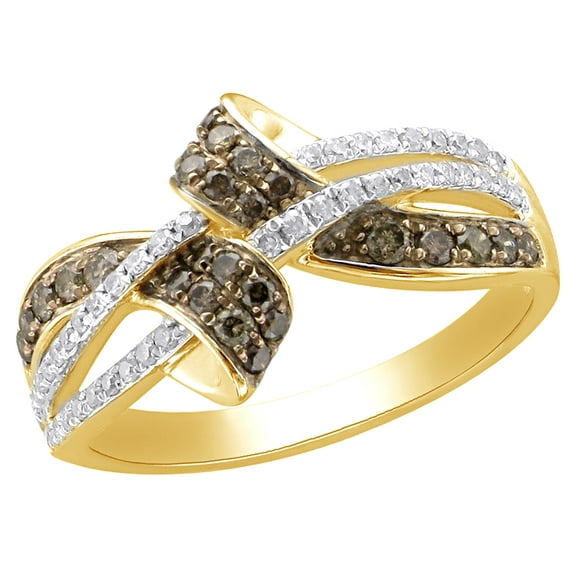 AFFY Champagne & White Natural Diamond Ribbon Bypass Ring in 10k Yellow Gold