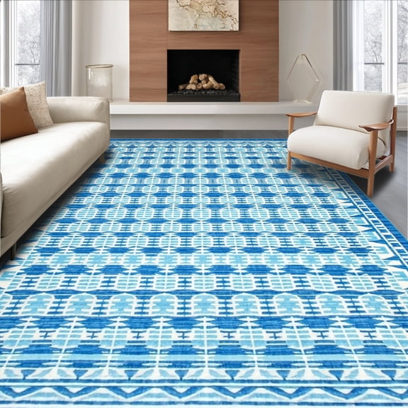 ODIKA 4'x6' Machine Washable Non-Slip Area Rug, Geometric Patterned Bath for Bathroom Floor Refresh High Traffic Rug, Blue, 121511