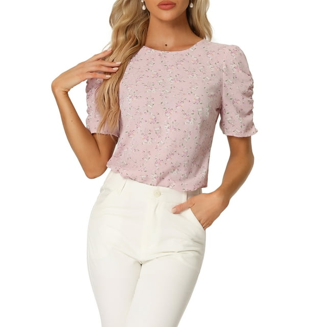 INSPIRE CHIC Hauts Froncés pour Femmes Col Rond Manches Courtes Dos Goutte d'Eau Blouse Florale L Rose Floral