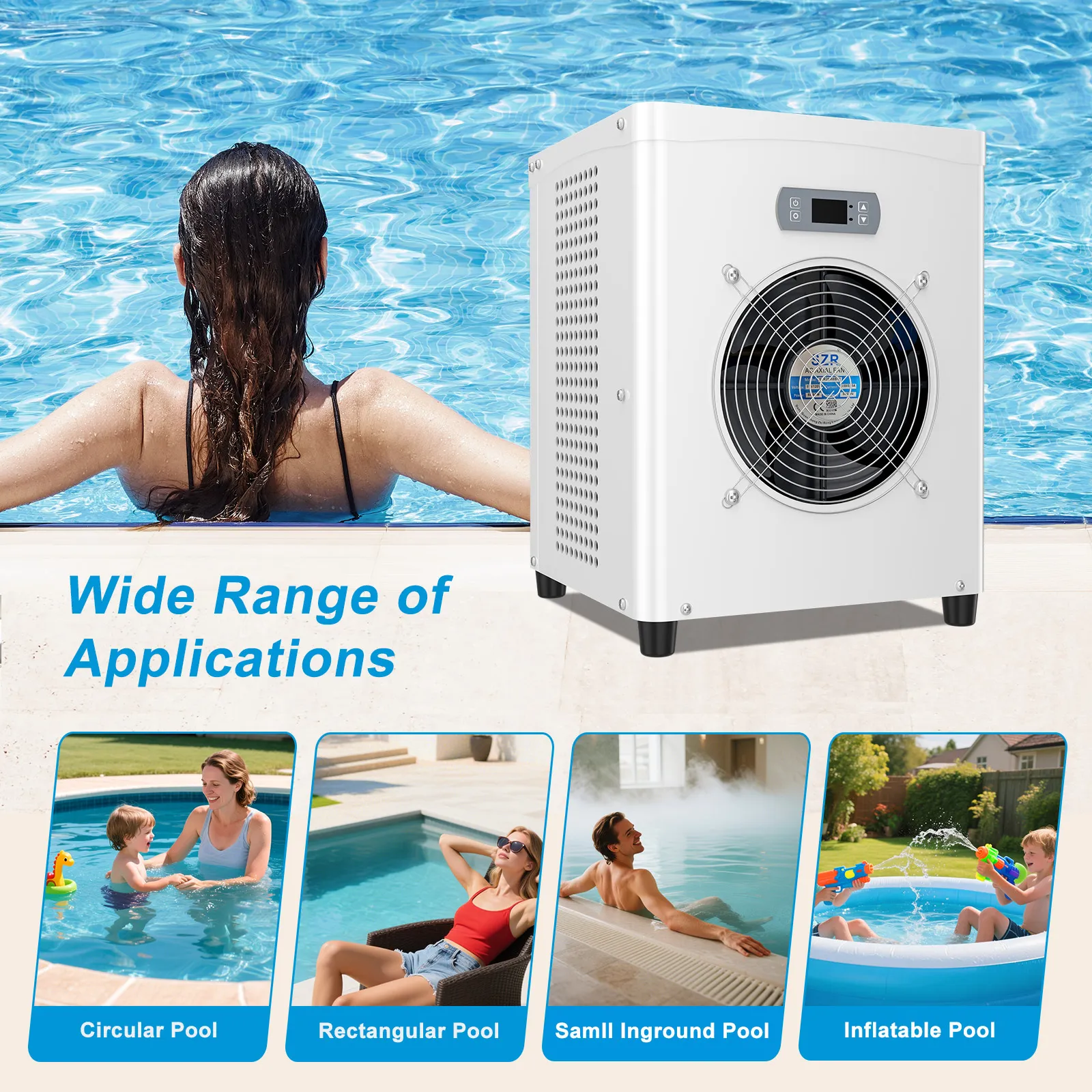 Slsy Swimming Pool Heat Pump for Above Ground Pools, 16186 BTU Energy Efficient Pool Heater with Compact Design & Power Cord Included, White