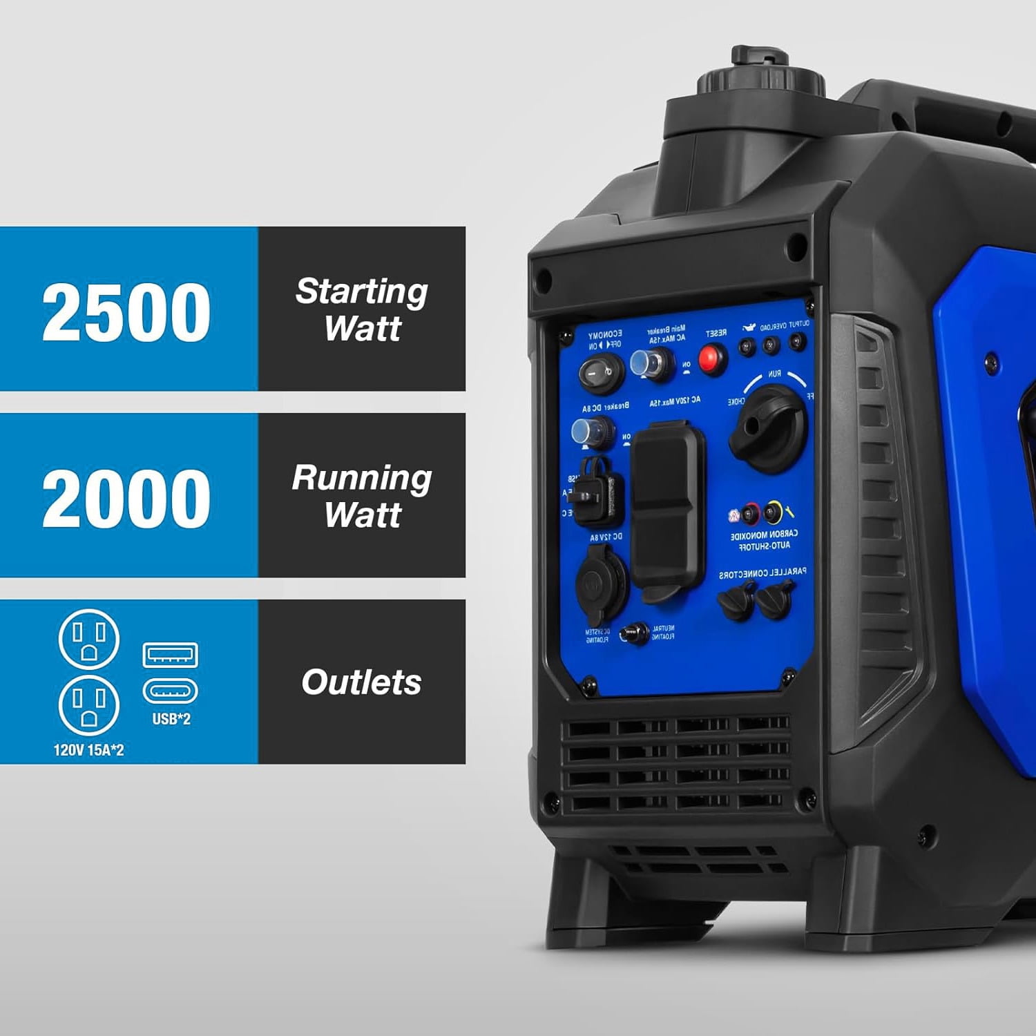 HYKOLITY 2500W Portable Generator Quiet Gas Inverter CO Detect 120V AC 12V DC Dual USB Parallel Ready Outdoor Camping Home Emergency Backup