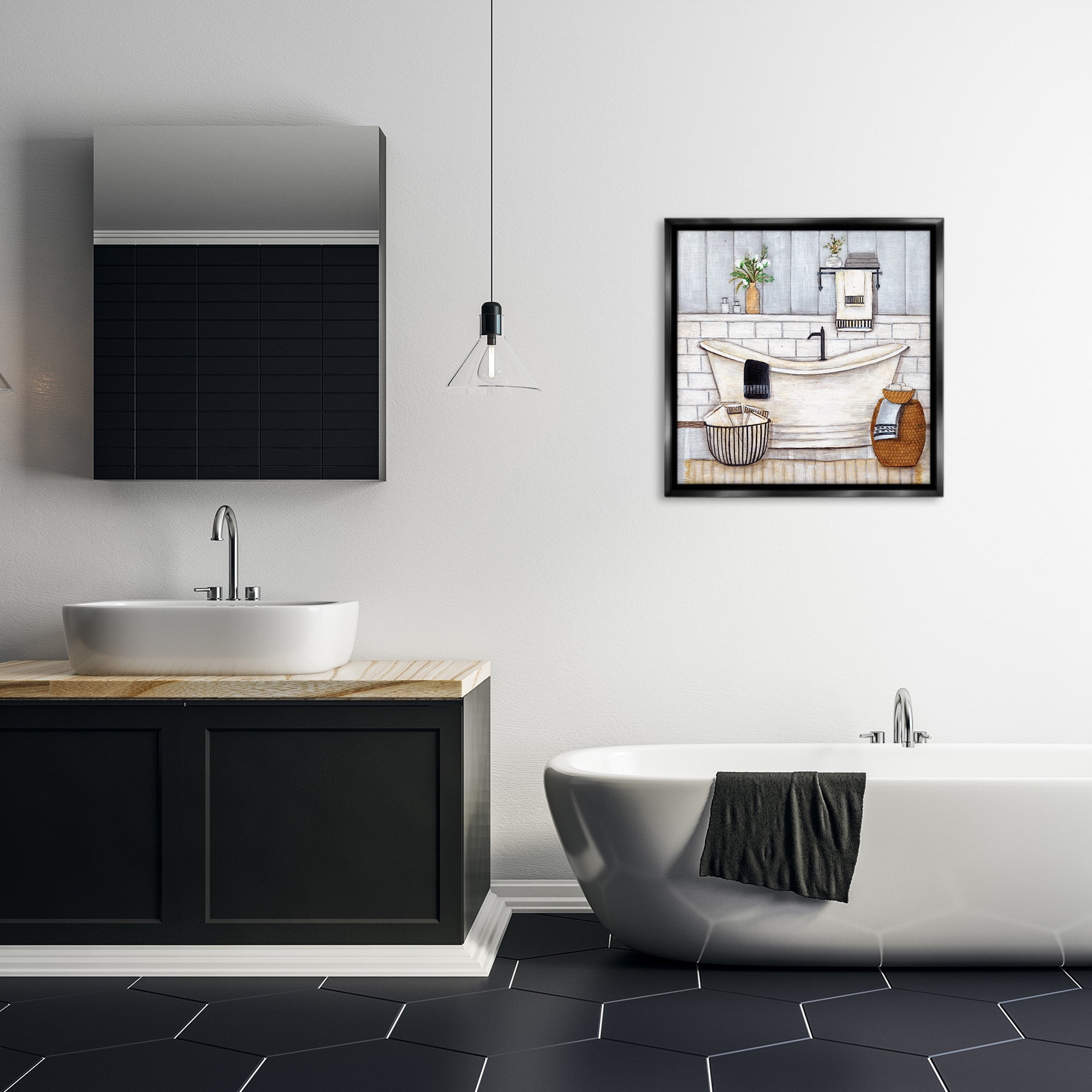 Stupell Industries Bathroom Farmhouse Style Tub Abstract Painting Black Floater Framed Canvas Art Print Wall Art, 25 x 25