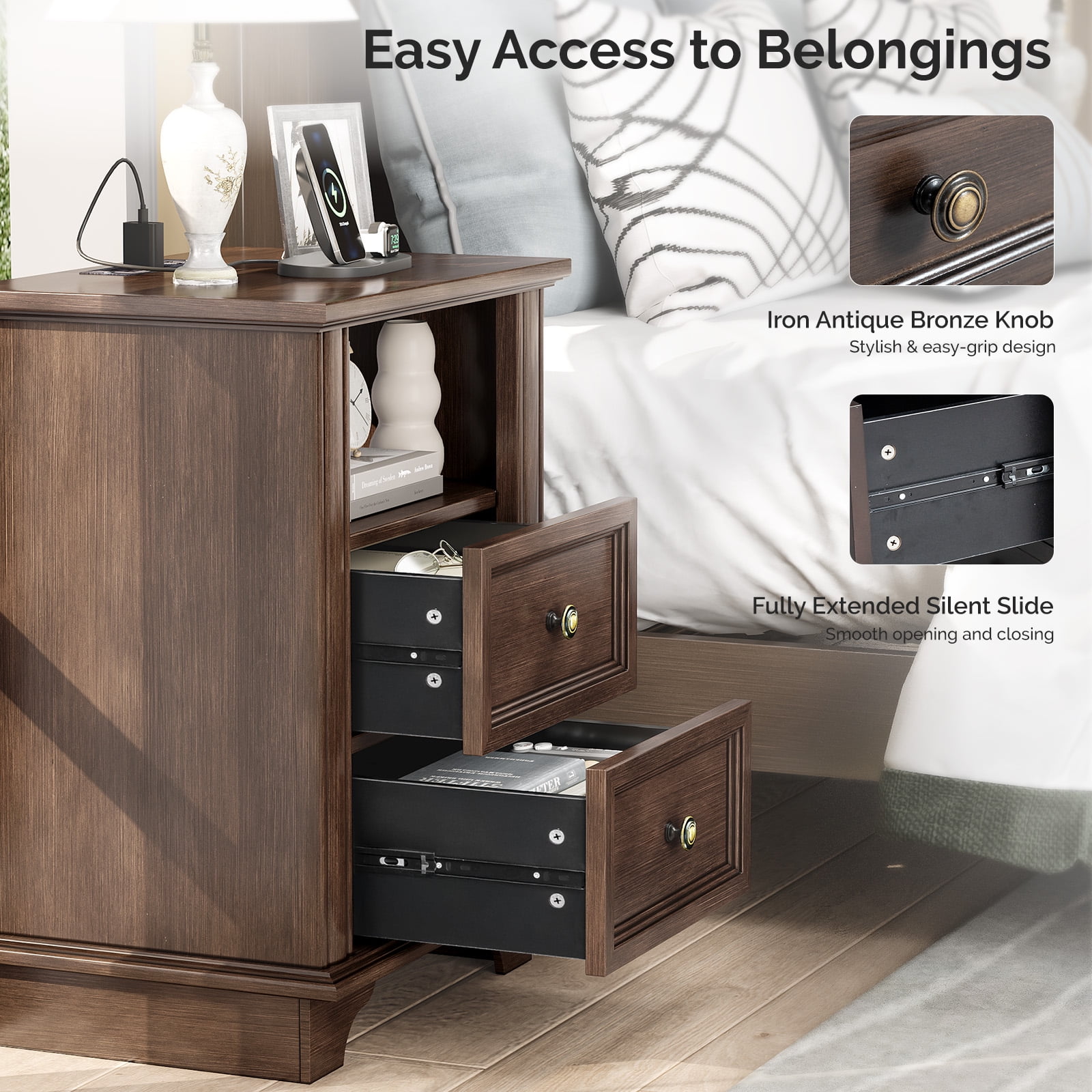 2-Drawer Bedside Table with Shelves and Sockets, MDF Painted Retro Nightstand, Brown, 19.69 x 13.78 x 25.67 in