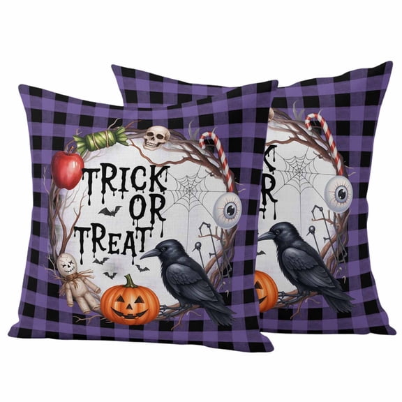 Halloween Outdoor Waterproof Pillow Covers, Horror Pumpkin Crow Skull Purple Black Checkered Decorative Square Throw Pillowcase Sofa Cushion Sham for Patio/Couch/Chair, 20"x20" 2 Pack