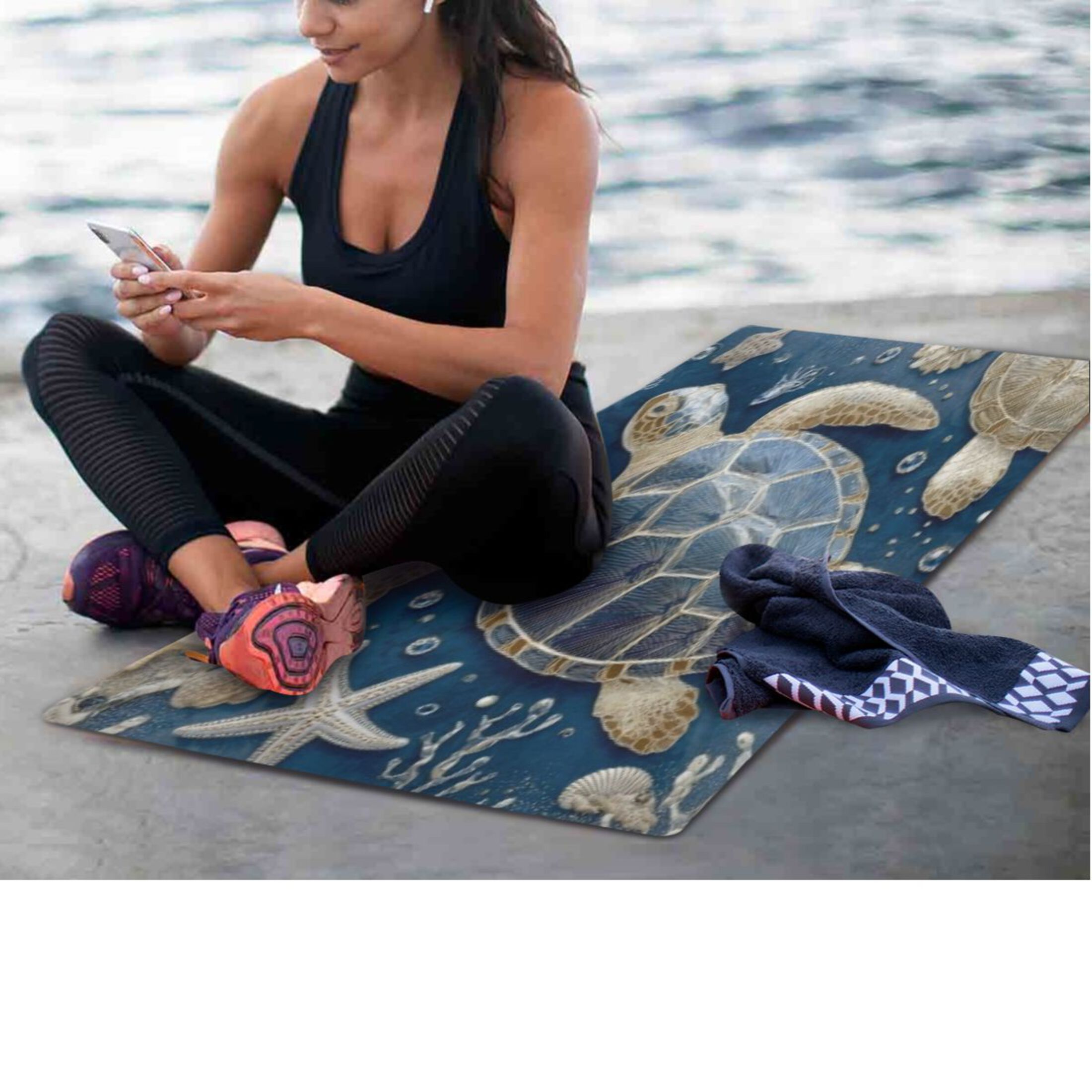 BZSMCE Yoga Mat Women Fitness Mat Navy Beaded Sea Turtle Pattern