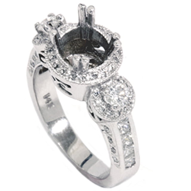Bague Antique à 3 Pierres en Diamant 1 Ct en Or Blanc Massif 14 K