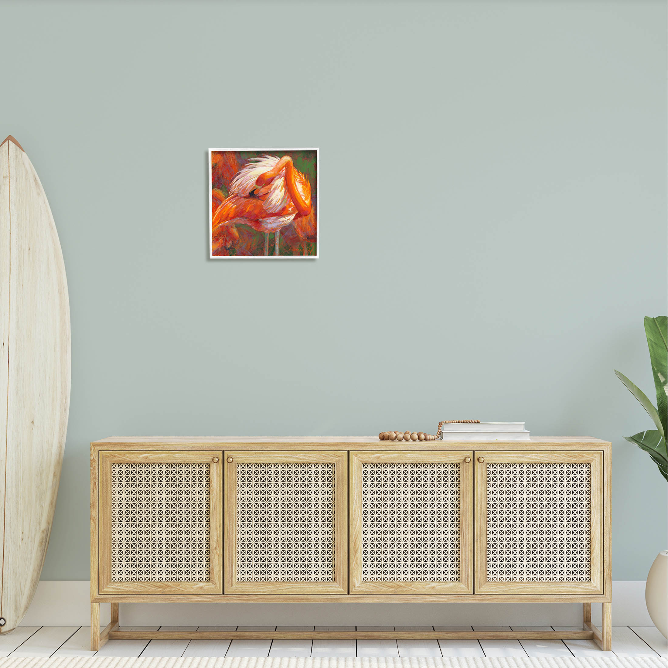 Preening Flamingo Wildlife Nature Animals & Insects Painting White Framed Art Print Wall Art